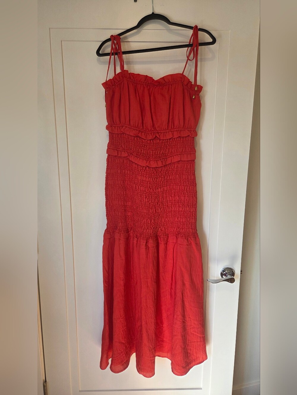 Just Me Red Smocked Maxi Dress with Gold- Detail Tie Straps